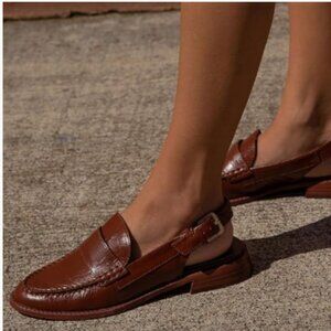 YDN Brown Buckle Slingback Pumps Slip On Loafers Block Low Heels Round Toe Shoes